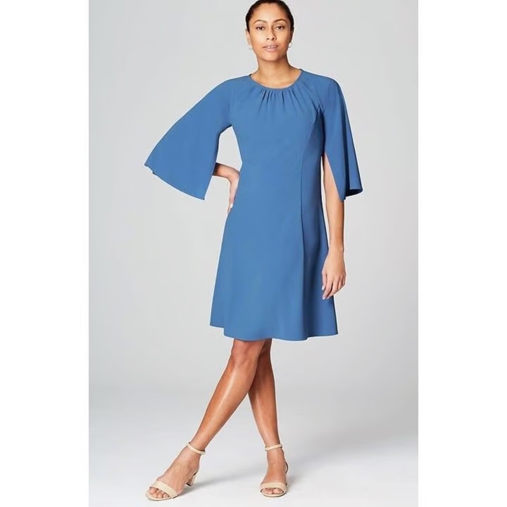 J. Jill x Christian Siriano Flared-Sleeve Dress Blue Sea XL Draped Feminine NWT - Picture 12 of 15